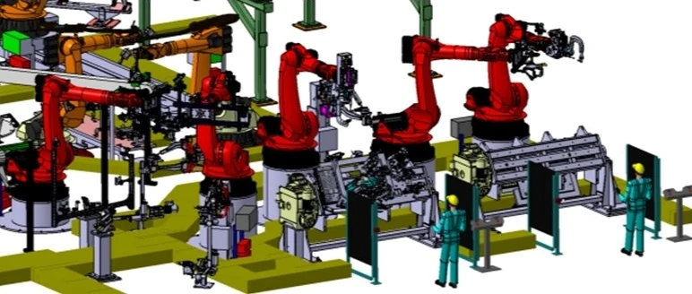 CAD-Darstellung einer Roboterzelle: Schweißroboter an einer Vorrichtung, Fördertechnik und Schutzzäune
